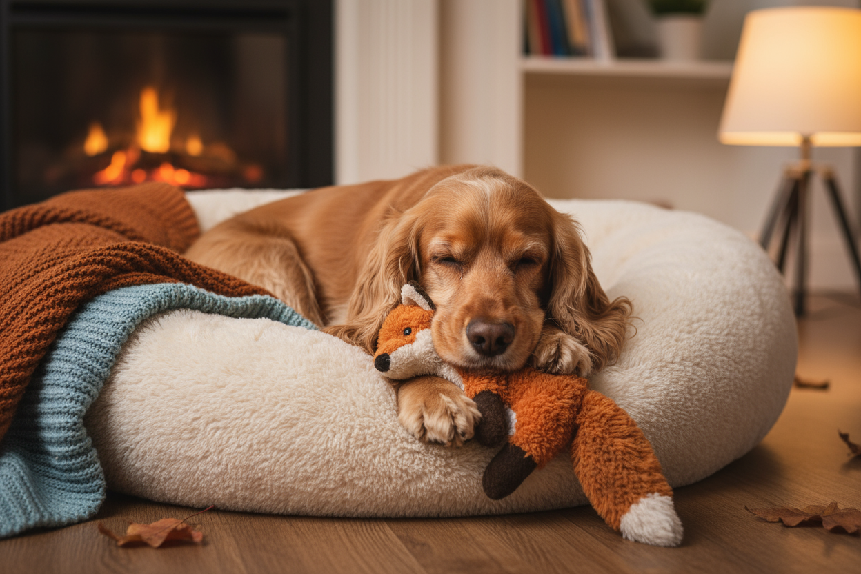 a picture of a cocker spaniel dog curled up in a dog bed with a cuddly toy